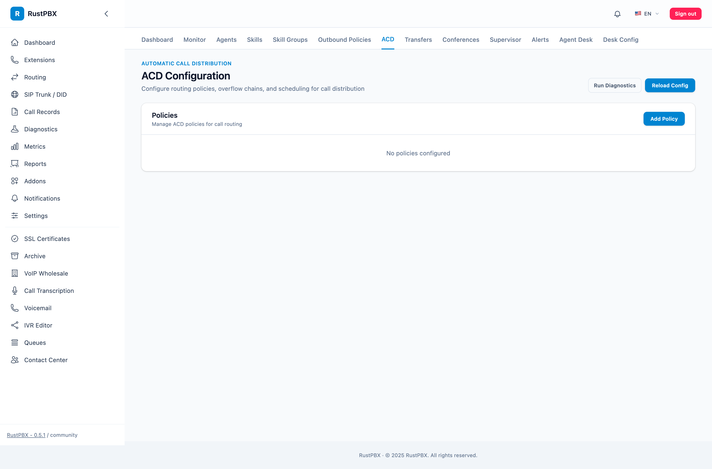 ACD queue configuration with strategies and overflow