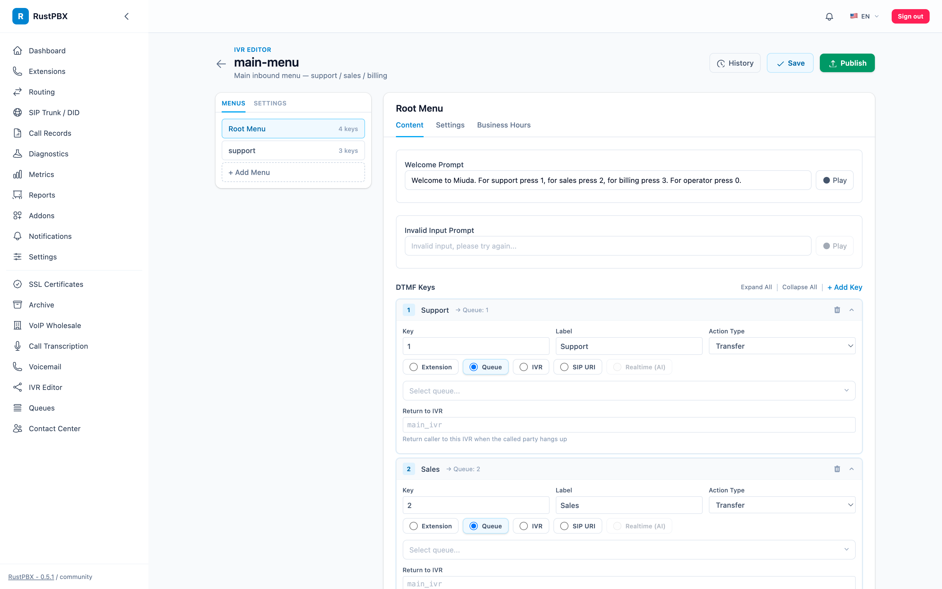 IVR editor — the visual surface for menu-based flows