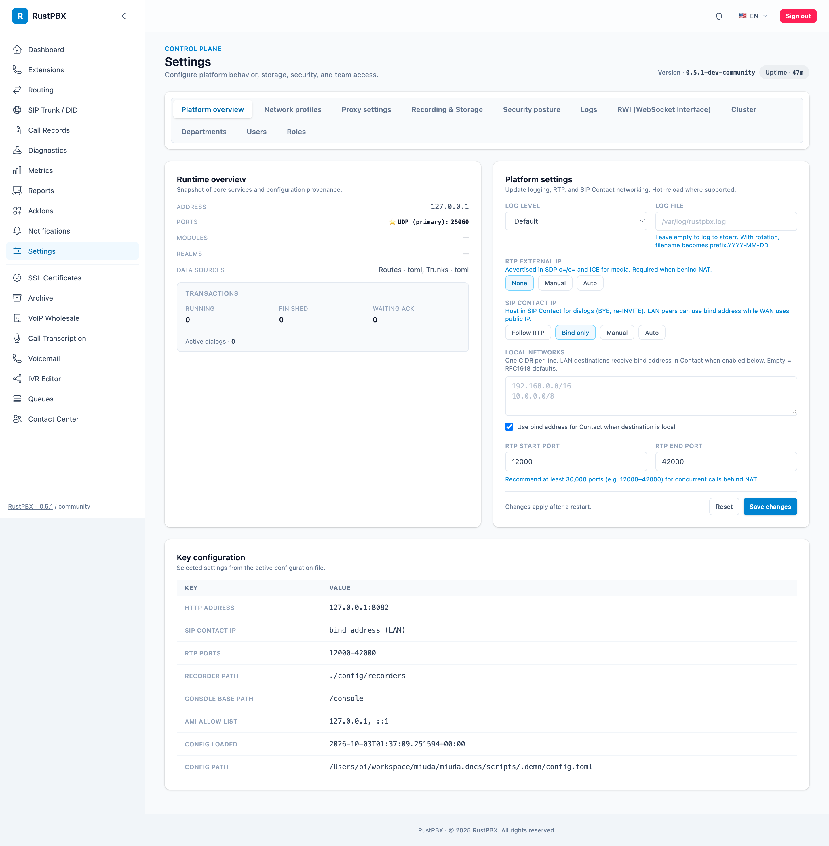 Settings console