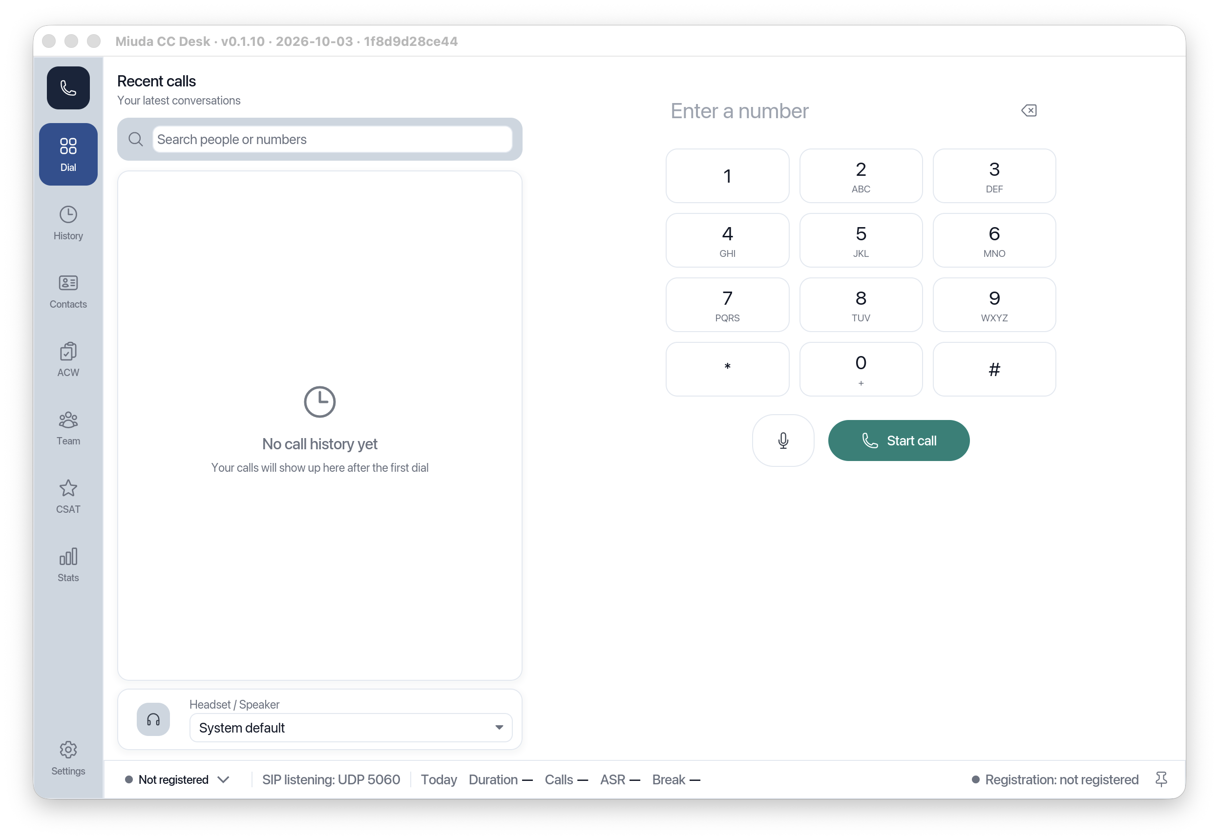 RustPhone desktop client with dial pad, ACW and stats